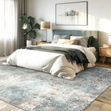 Tapis lavable 8 x 10, abstrait moderne, antidérapant, à poils courts, bleu clair