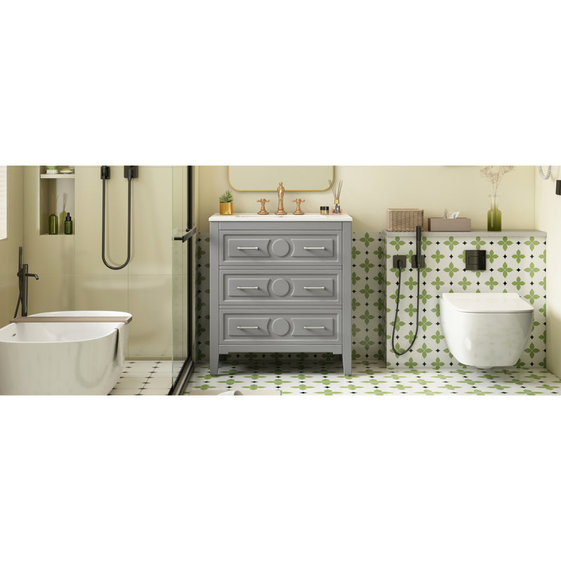 Meuble-lavabo de 30 po avec lavabo, structure en bois massif, 3 tiroirs, aspect classique de grande qualité, rangement spacieux, lavabo pré-percé à trois trous, facile à assembler, couleur grise, structure en céramique,