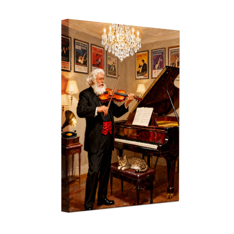 Noël, homme âgé jouant du violon près du piano, H 18 po x l 12 po