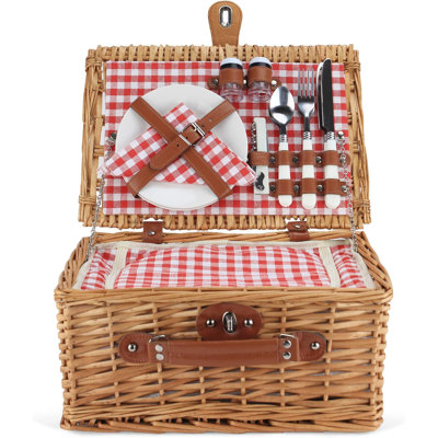 Panier de pique-nique en osier pour 2 personnes, ensembles de paniers pour panier à linge avec compartiment isolé, panier de pique-nique fait à la main pour 2 personnes à carreaux rouges classiques avec ustensiles de cuisine, parfait pour le pique-niq