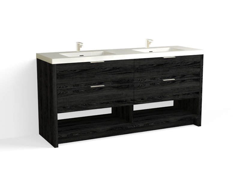 Vue 72" W Freestanding Double Bathroom Vanity, Biondo, Satin Nickel, Glossy White/8" Widespread