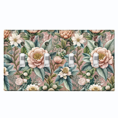 Metal Light Switch Plate Cover; US Standard Size 4 Gang Toggle - Vintage Flower Blossoms