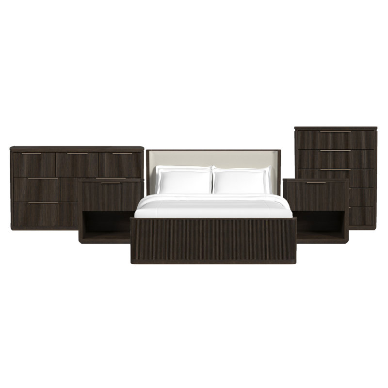  Ensemble de chambre à coucher Sutton UPH avec tissu blanc, Grand lit, 3 pièces: lit, commode, lit de nuit, Brun