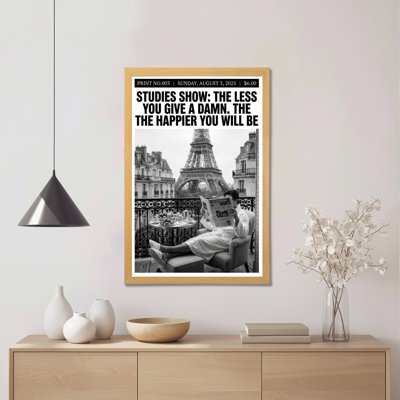 Études montrant «The Less You Off A Damn The Happier You Will Be Toile», reproduction d'art sur toile tendue en noir et blanc avec tour Eiffel