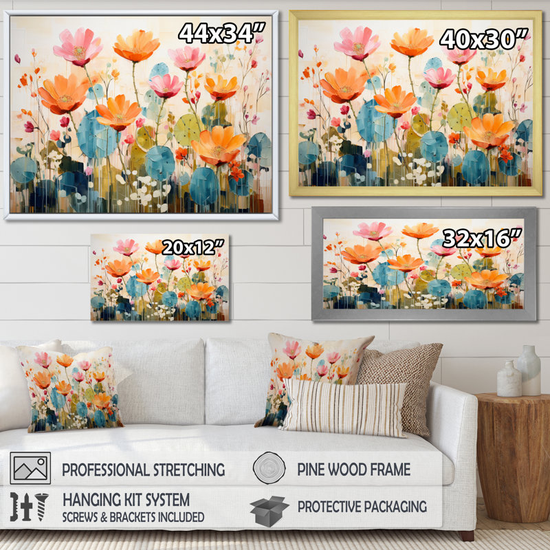Cactus orange et orange - Cactus, art mural, Cadre flottant doré, H 24 po x l 32 po x P 1 po