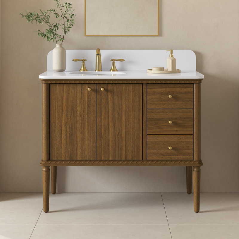 OVE Helena 42 in. Single Sink Bathroom Vanity in Warm Walnut with White Engineered Stone Top, Brushed Gold Hardware