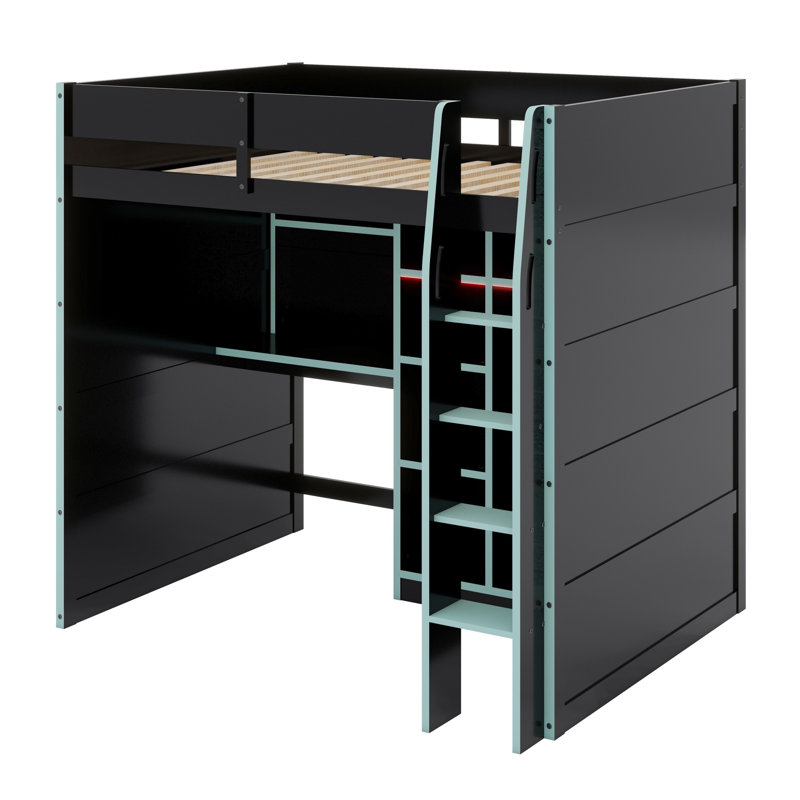 Wood Loft Bed With Desk,Open Wardrobe,Storage Compartments And RGB Lights, Cloud Blue