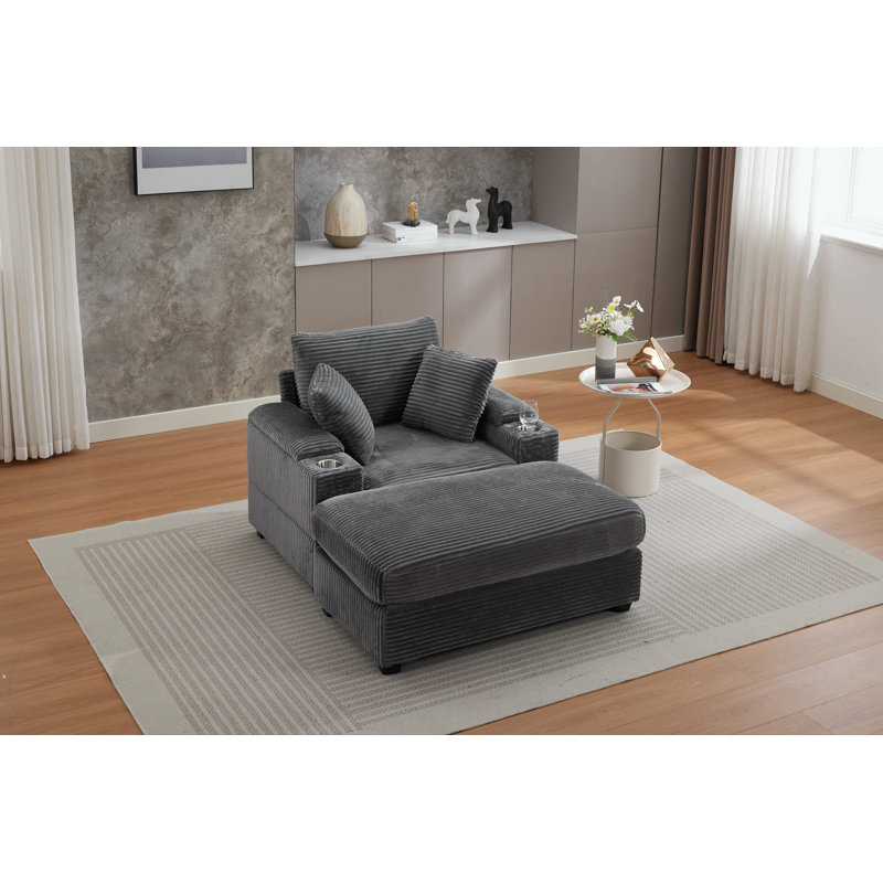 Chaise longue rembourrée en velours côtelé avec porte-gobelet et repose-pieds, Velours côtelé gris