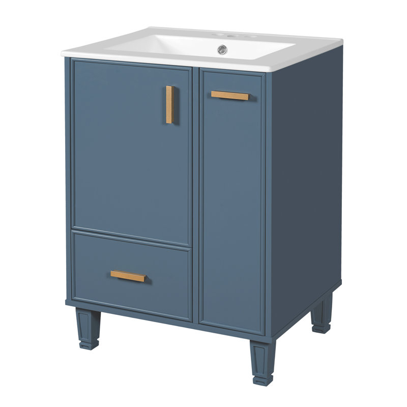 Meuble-lavabo 24 po avec lavabo, armoire de salle de bain avec tablette de porte, tiroir profond, panier coulissant à 2 niveaux