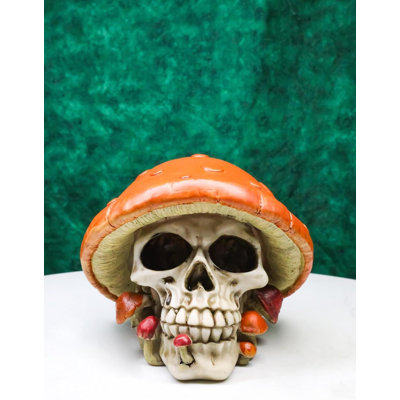 Brown Macabre Toadstool Mushroom Cap Skull With Mini Fungi Figurine 5" L