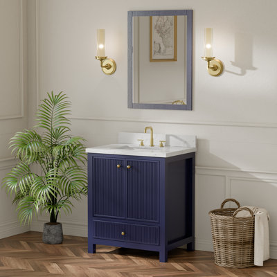Meuble-lavabo autoportant cannelé de 30 po avec lavabo, comptoir en pierre d'ingénierie avec dosseret, lavabo en céramique encastré, portes et tiroir à fermeture en douceur, 3 trous de robinet espacés de 8 po