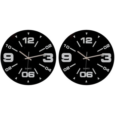  Pack Of 2 12 Inch Black Decorative Unique Modern Round Glass Analog Wall Clock, Perfect For Office, Classroom, Living Room, Dining Room, Bed Room, Entryway And Kitchen Wall Decor.