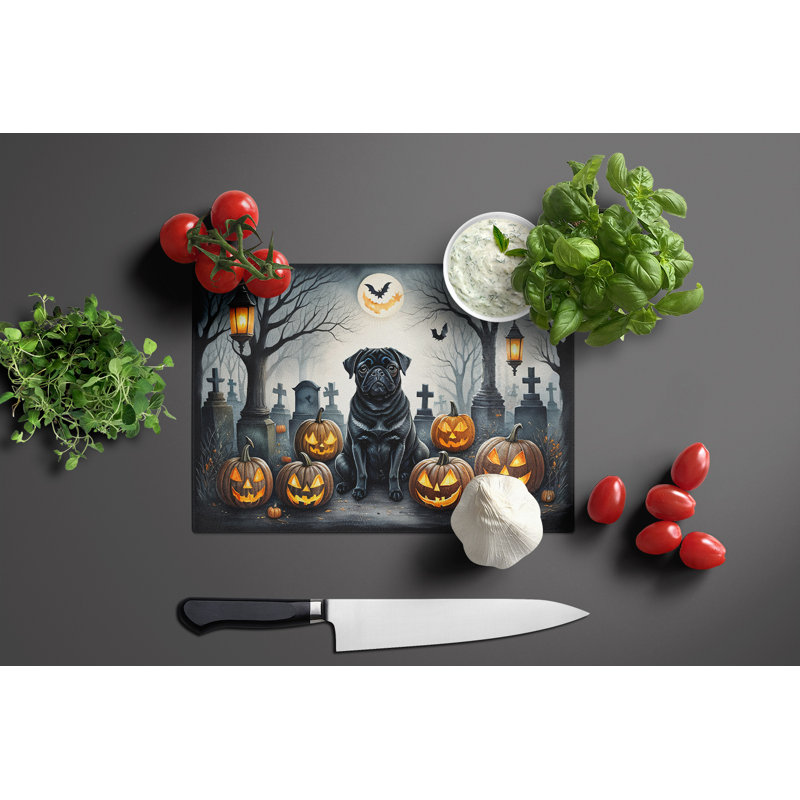 Black Pug Spooky Halloween Glass Cutting Board Large