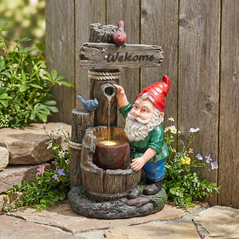 Welcome Gnome Water Fountain With LED Light – 26.38" H