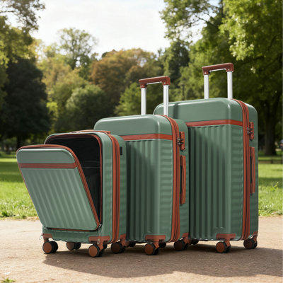 Luggage Set Of 3, 20Inch With USB Port, Front Opening Design Airline Certified Carry On Luggage, ABS Hard Shell Luggage With Spinner Wheels,Green
