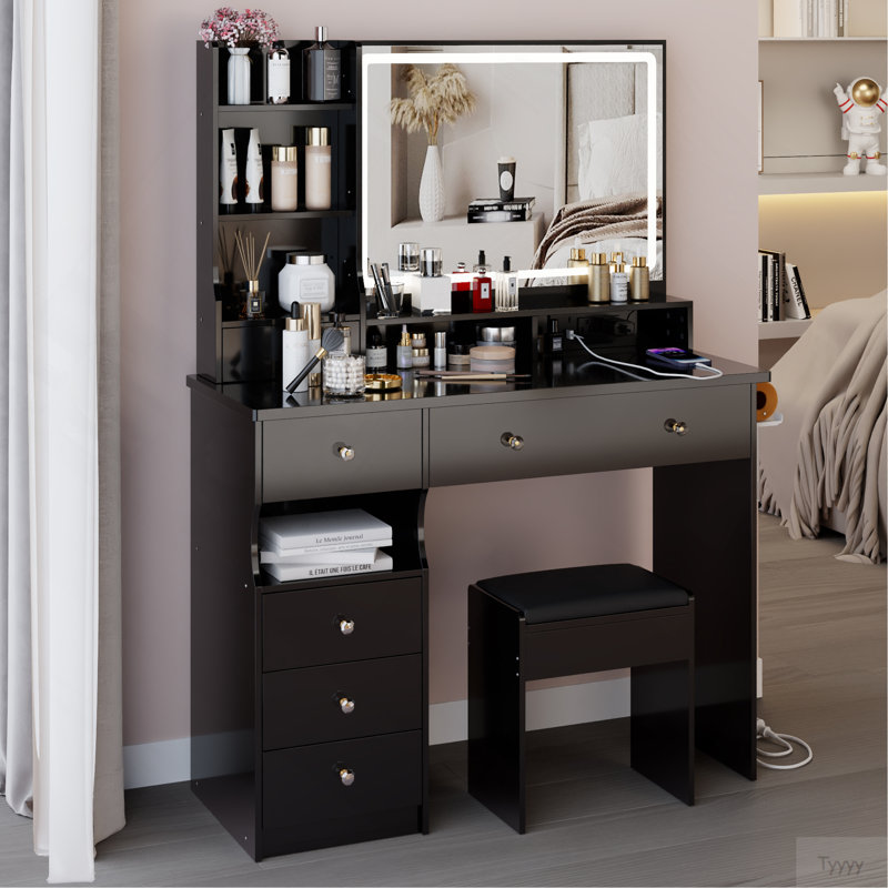 41" Large Size Left Drawer Desktop Vanity Table+Cushioned Stool Dresser Set, 2 AC+2 USB Power Station, Hair Dryer Stand, Extra Large Touch Control LED Mirror, 3-Color Switch, EPA, GCC, UL Certificate