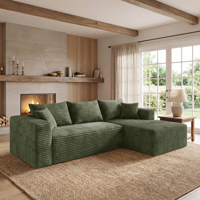 Modular Sectional Couch Corduroy Compression Sofa With Pocket Spring, Modern Deep Seat Convertible Sleeper Sofa Bed，Upholstered Couches For Living Room Green