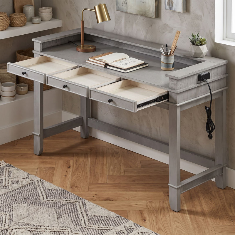 Ensemble de salle à manger 4 pièces avec tiroirs de rangement, chaises et port USB, Gris pâle