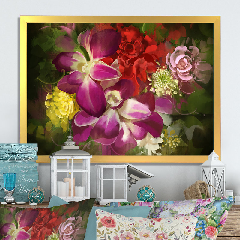 «Abstract Blooming Grunge Bouquet», reproduction sur toile, H 16 po x l 32 po x P 1 po, Cadre doré à coins fermés