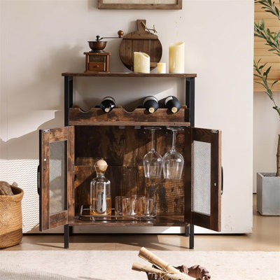 TV Stand Fireplace Wine Bottle & Glass Rack Brown