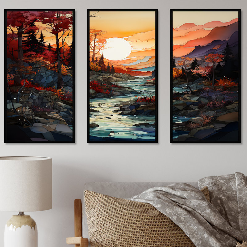 «Sunset Mountain Colorful Horizon - Sunrises Sunset, ensemble d'art sur toile, Cadre flottant noir