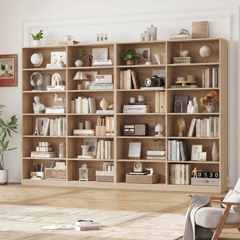 74.3"h X 47.2"w Wood Double 6-tier Standard Bookcase (set Of 2), Oak