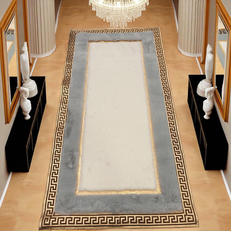 Tapis de couloir ou de vestibule gris et blanc moelleux, Rectangle 7 pi 10 po x 10 pi 4 po