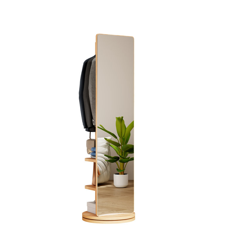 360° Rotating Full Length Mirror with Coat Rack - 66" Solid Wood Floor Mirror with Storage Hooks for Bedroom Living Room Cloakroom, Natural Wood