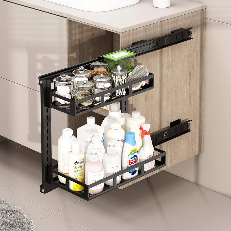 Under Sink Storage Organiser, 2 Tier Carbon Steel Pull Out Cabinet Organizer Rack with Sliding Basket, 20x41.5cm