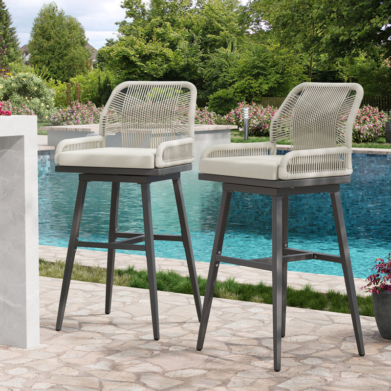 Bar Stools Set Of 2, Rattan Counter Height Bar Stools, Swivel Patio Barstools With Boho Woven Rope Back For Kitchen Patio Garden Cushions Included,