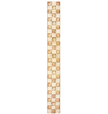 Vintage Mid-20th Century Floral Ivory Brown Checkerboard American Hooked Hall Runner Rug