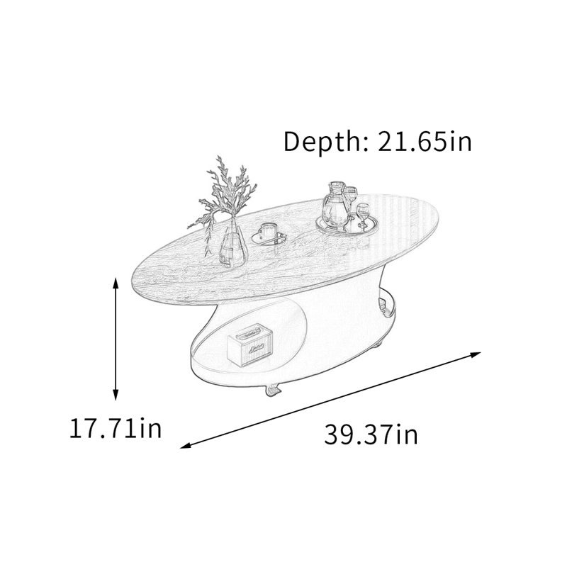 Table basse ovale simple avec poulie, Plateau gris/ base noire, 17.71" H  x 21.65" D x 39.37" W