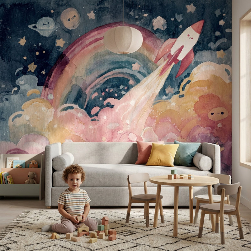 Décoration murale amovible Space Space Rocket Planets, Peler et coller, 200 po x 120 po