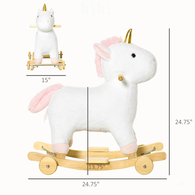 Cheval à bascule interactif en peluche et licorne à roulettes, jouet à chevaucher 2 en 1 pour enfants, base en bois, effets sonores, 3 à 6 ans, blanc