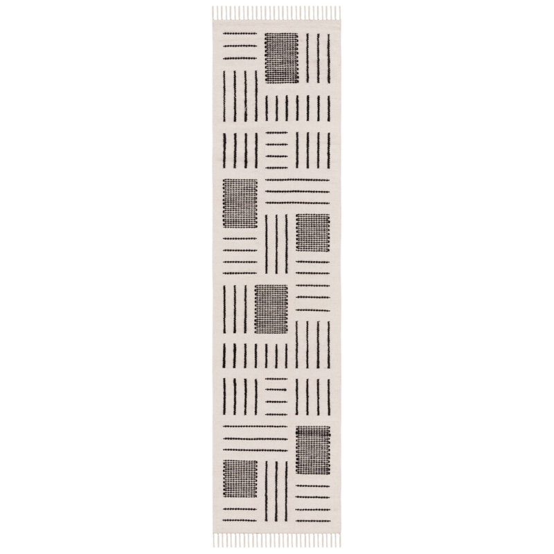 Flore Geometric Handmade Kilim Wool/Cotton Area Rug in Ivory/Black, Runner 2'3" x 9'