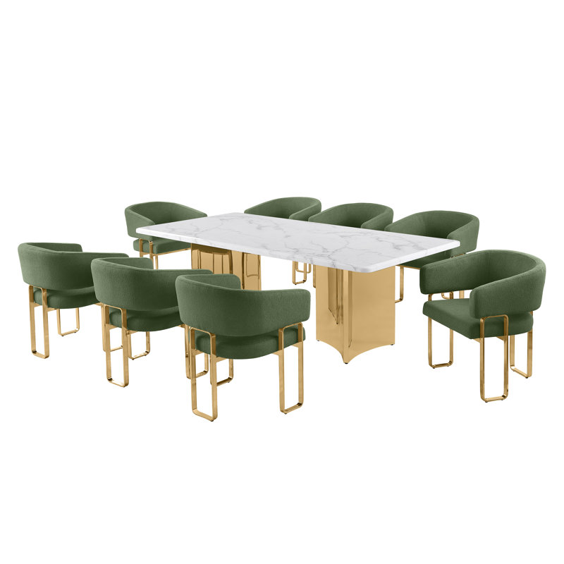 Ensemble de salle à manger Grand White, 87 po L x 42 po l (9 pièces), Vert, Doré