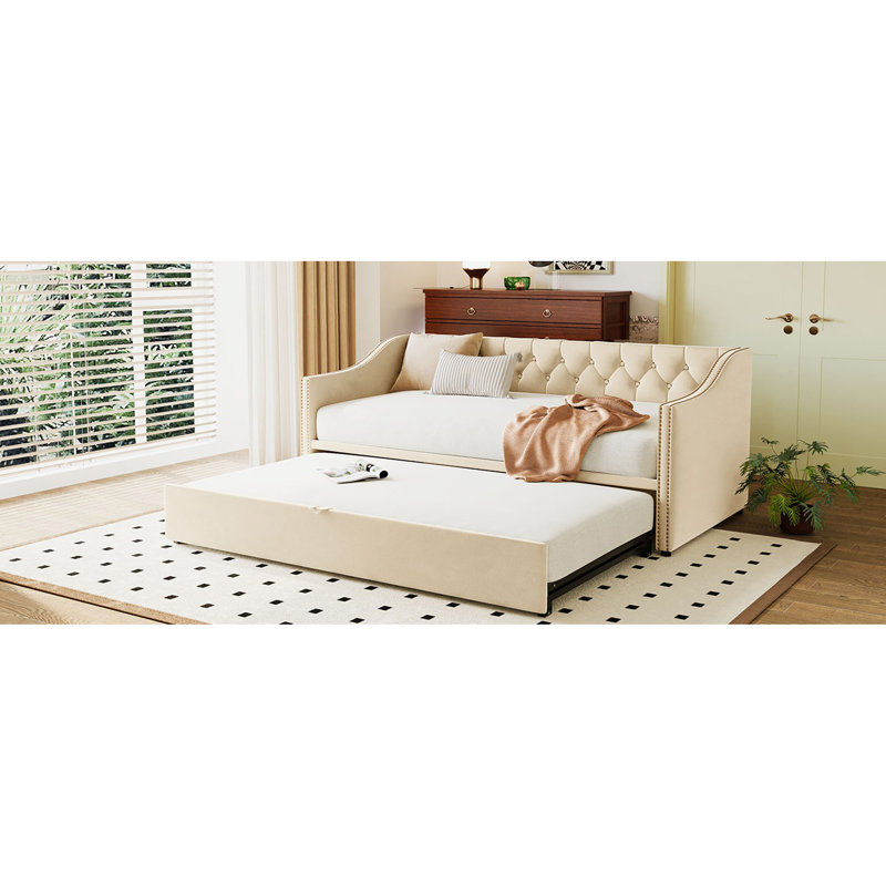 Lit de jour simple rembourré avec lit gigogne, Beige