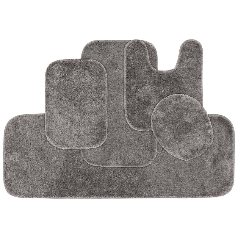 Mccluney Ultra Soft Traditional Nylon 5 Piece Bath Rug Set with Non-Slip Backing, Gray