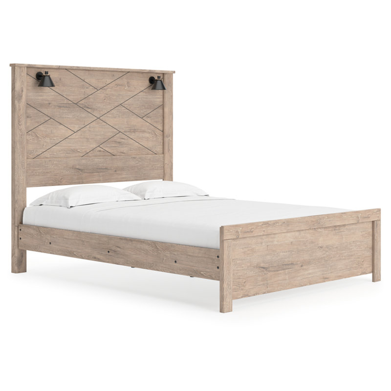 Queen Light Brown Upholstered Wood Frame Bed with Drawer