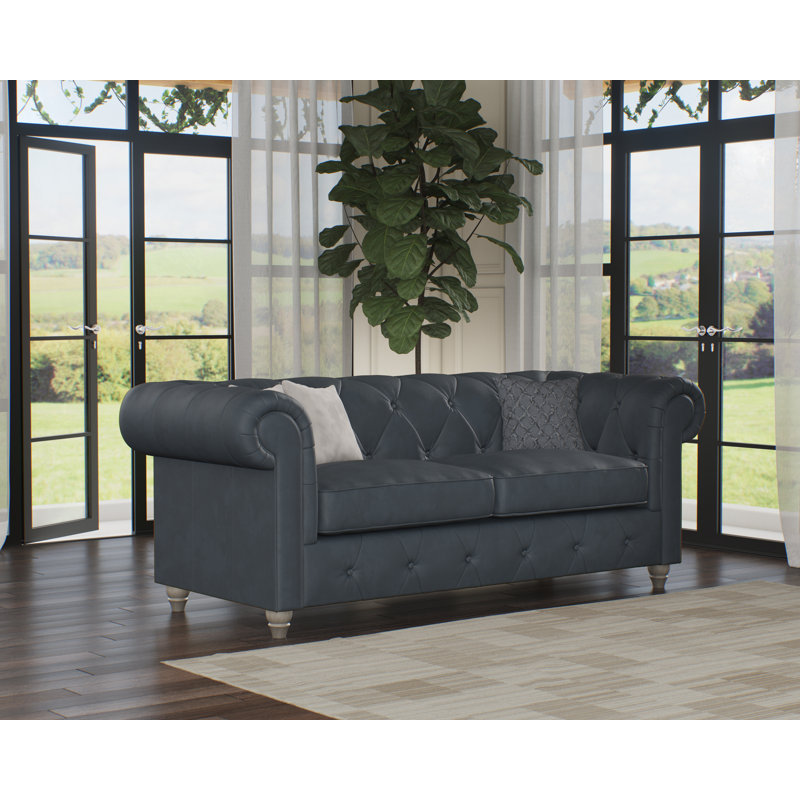 Melrose 3 Seater Leather Sofa, Navy, Washed Oak