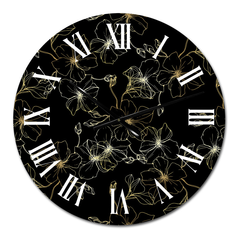Horloge murale à motif de fleurs de lin sur fond noir, Petit