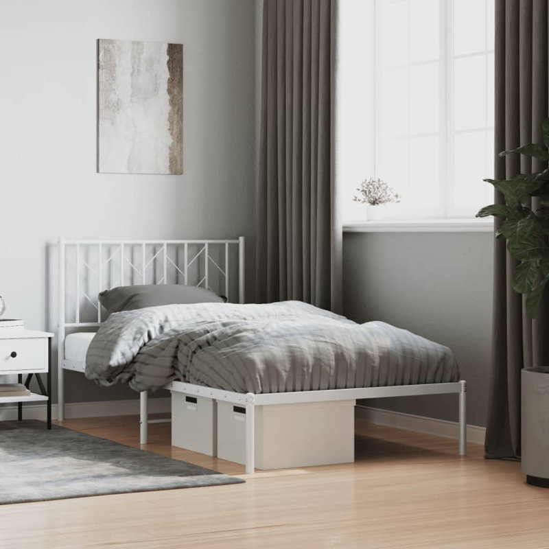 Structure de lit en métal avec tête de lit, rangement sous le lit, sans bruit, sans matelas, Simple extra long, Blanc