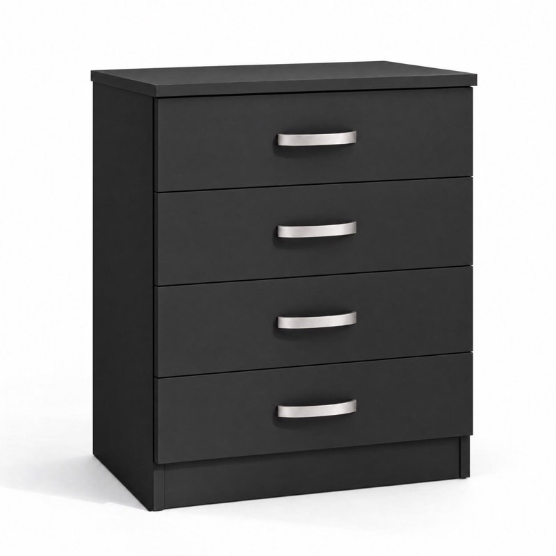 Lycinda 4 Drawer Chest Of Drawers. Matt Finish, Scratch Resistant, Brushed Chrome Metal Handles, Black