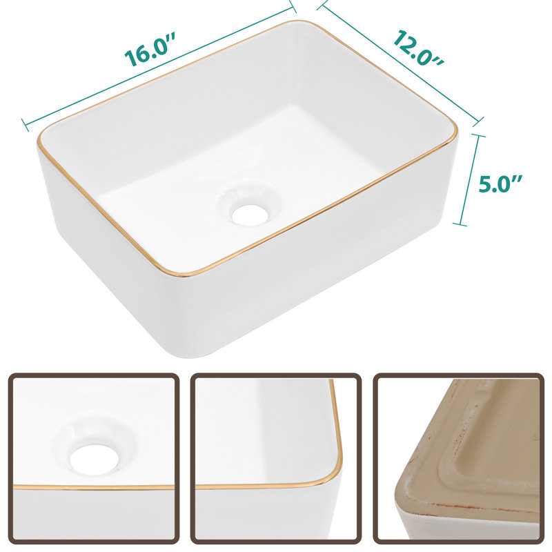 MONSFEST 12'' Ceramic Rectangular Bathroom Sink, Gold