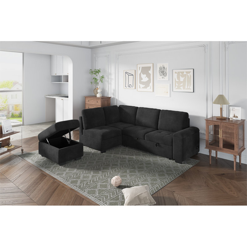 Vimala 85.02'' L-Shaped Sectional Sofa Bed Pull Out Sleeper Couch with Storage Ottoman, Black Velvet
