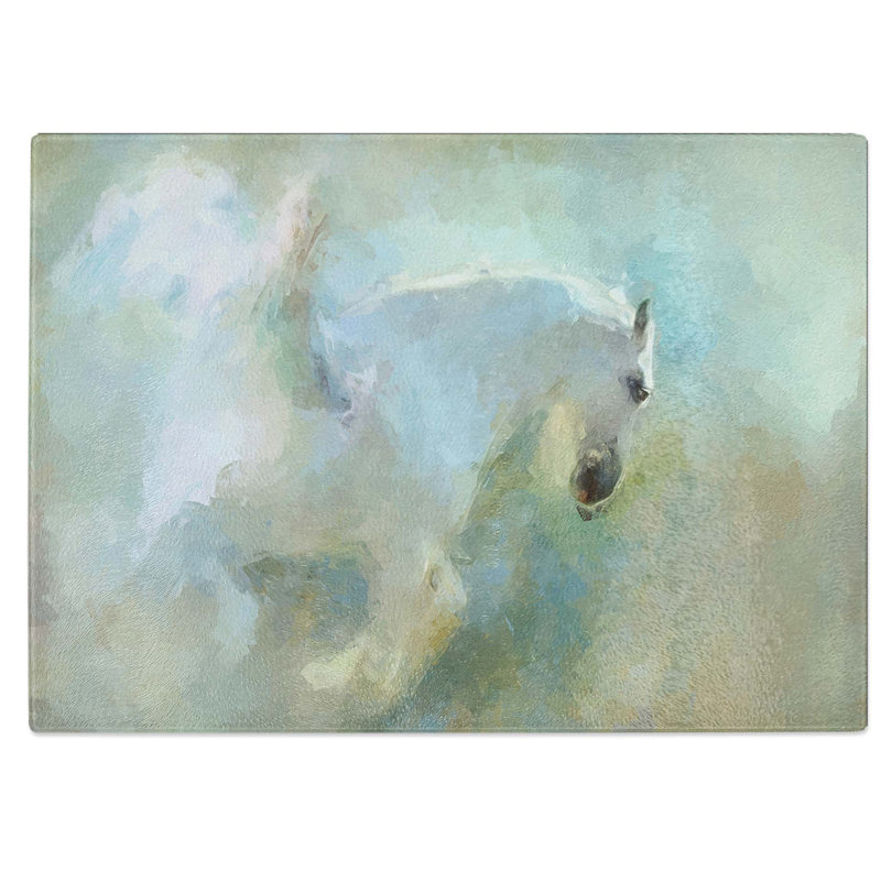 Tempered Glass White Pegasus Horse in Flight in Abstract Chopping Board, 28.5 cm W x 20 cm L