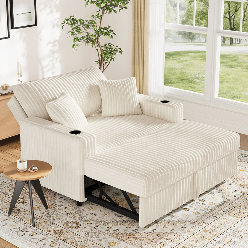 Pull Out Sofa Bed with Chaise Lounge, Vertical White Corduroy Fabric