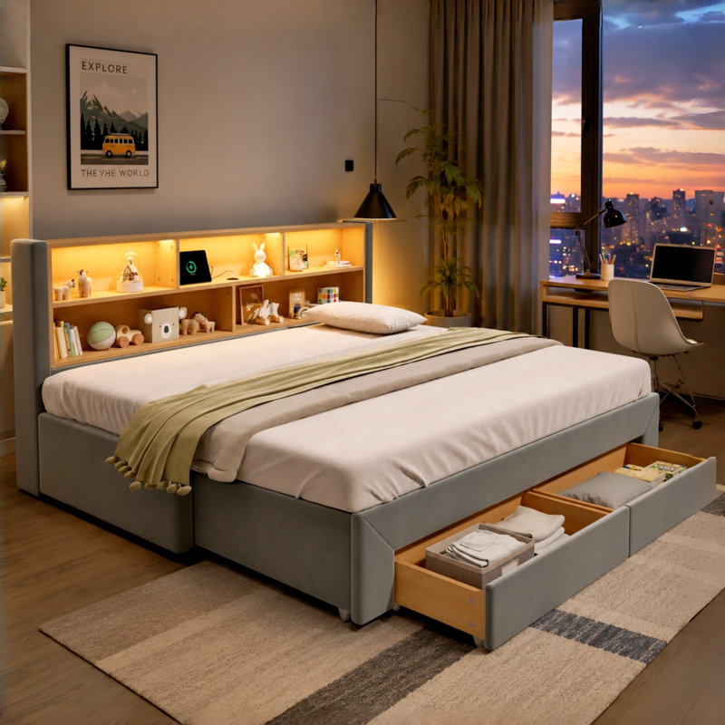 3FT Single Convertible Sofa Bed with LED Storage Headboard & Pull-Out Drawers, Grey
