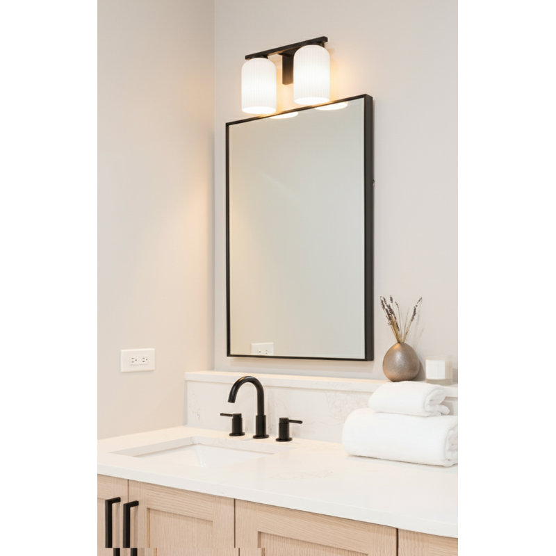 Luminaire de meuble-lavabo 2 L BRAM, finition noir mat avec verre opale nervuré, 60 W type A, Noir mat, Deux lumières