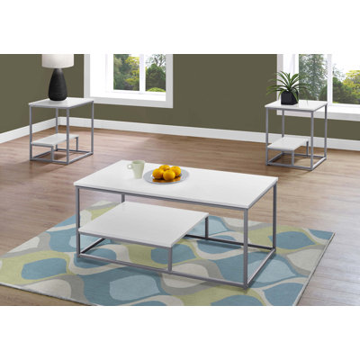Table Set, 3pcs Set, Coffee, End, Side, Accent, Living Room, White Laminate, Grey Metal